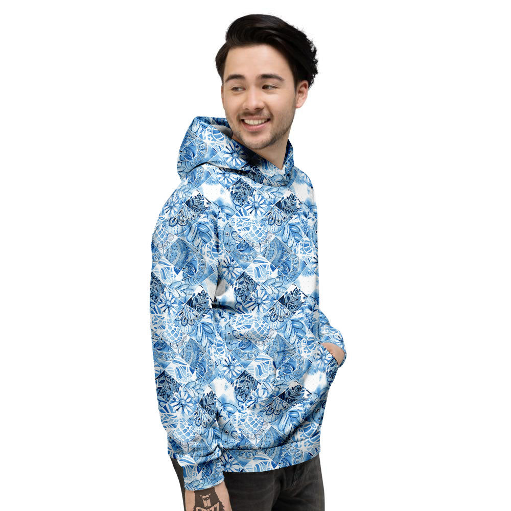 Patchwork Blue Flower Print Pattern Men's Hoodie-grizzshop