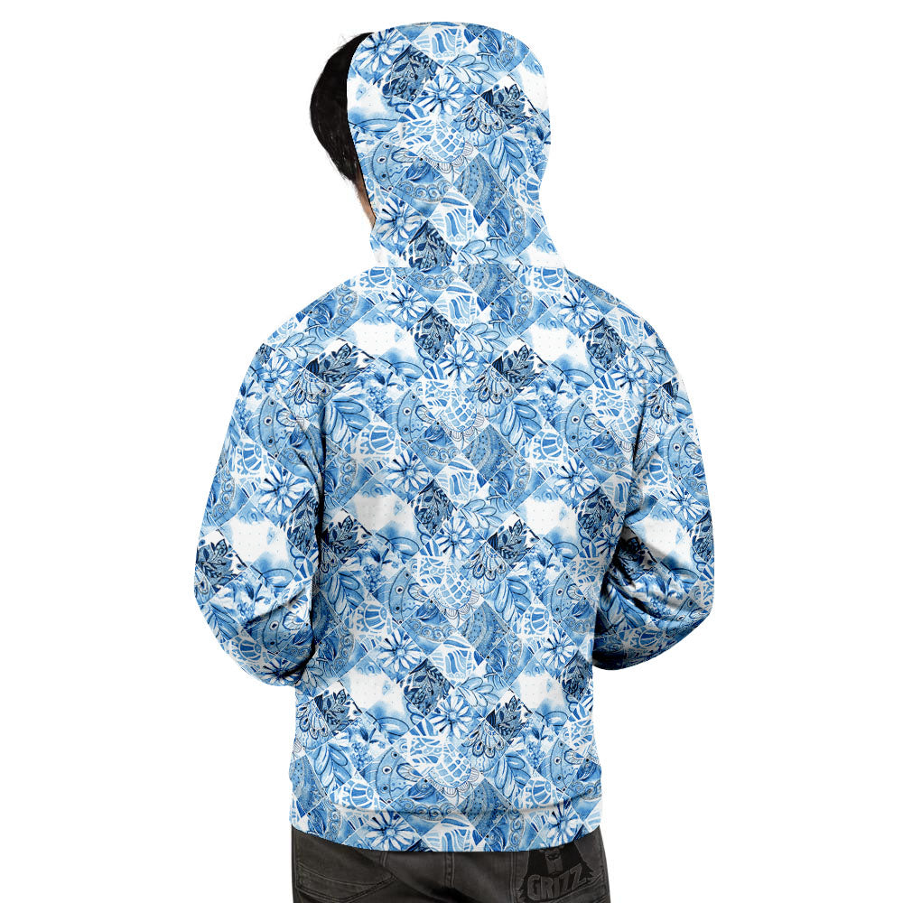 Patchwork Blue Flower Print Pattern Men's Hoodie-grizzshop