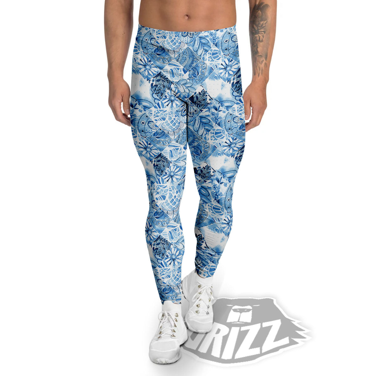 Patchwork Blue Flower Print Pattern Men's Leggings-grizzshop