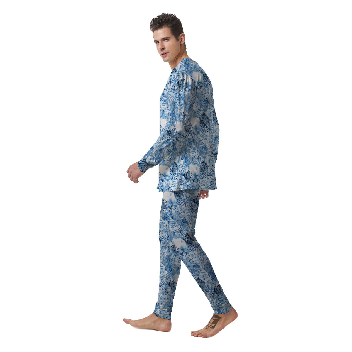 Patchwork Blue Flower Print Pattern Men's Pajamas-grizzshop
