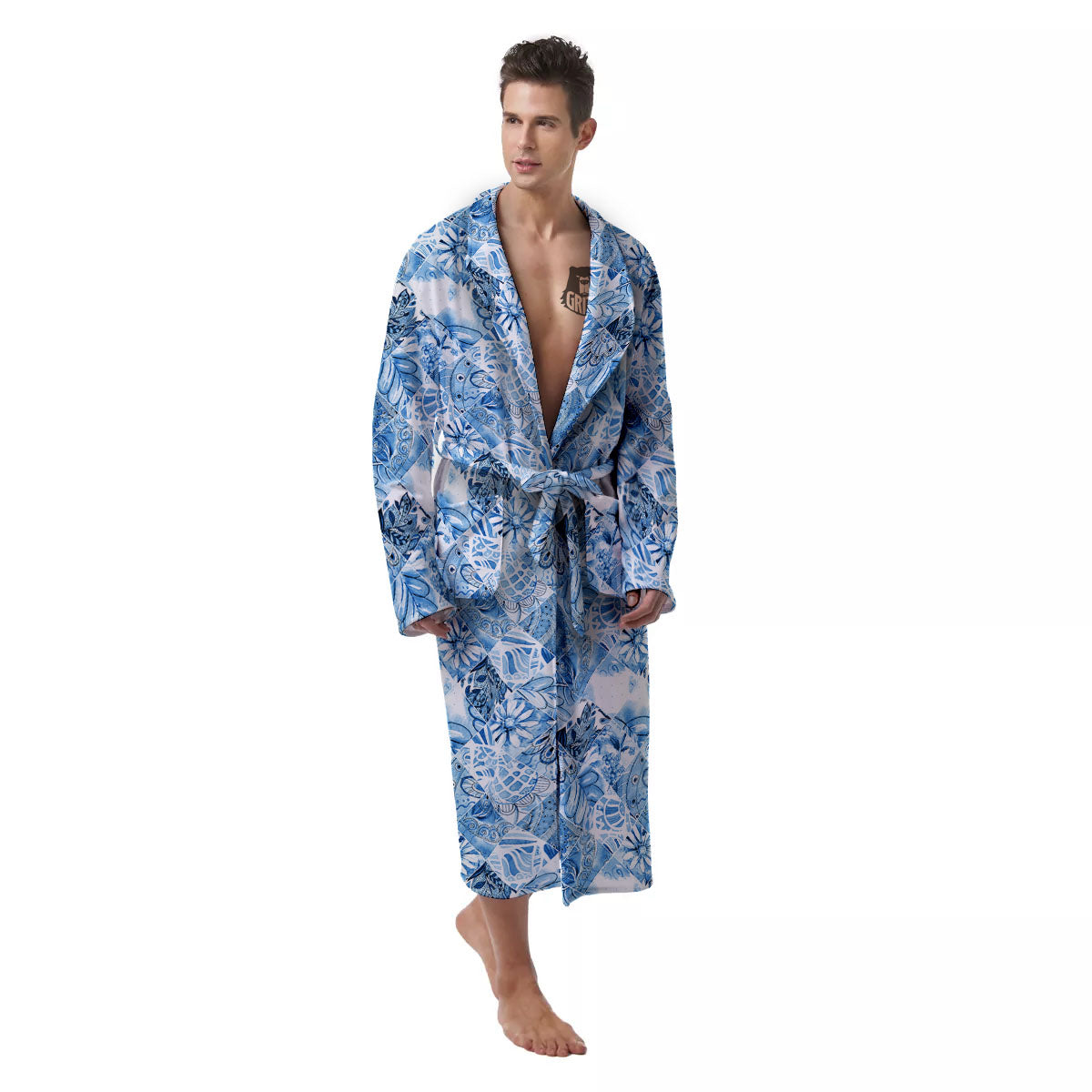 Patchwork Blue Flower Print Pattern Men's Robe-grizzshop