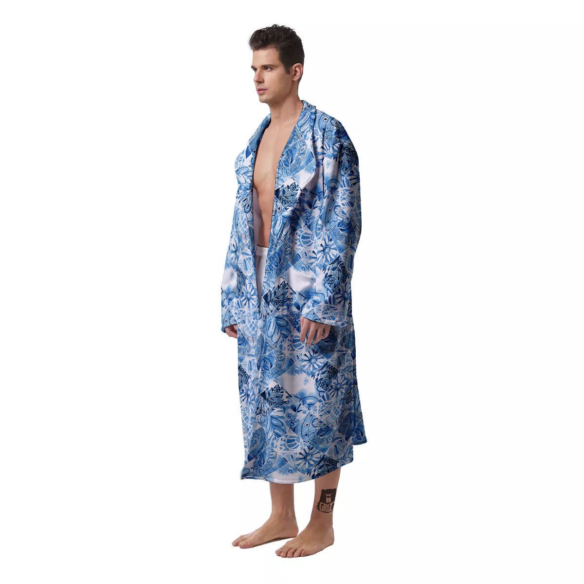 Patchwork Blue Flower Print Pattern Men's Robe-grizzshop