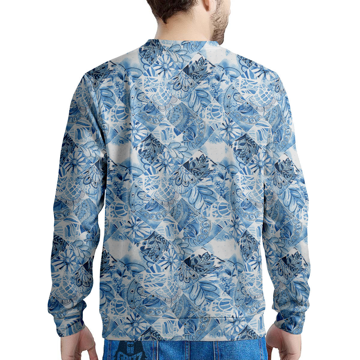 Patchwork Blue Flower Print Pattern Men's Sweatshirt-grizzshop