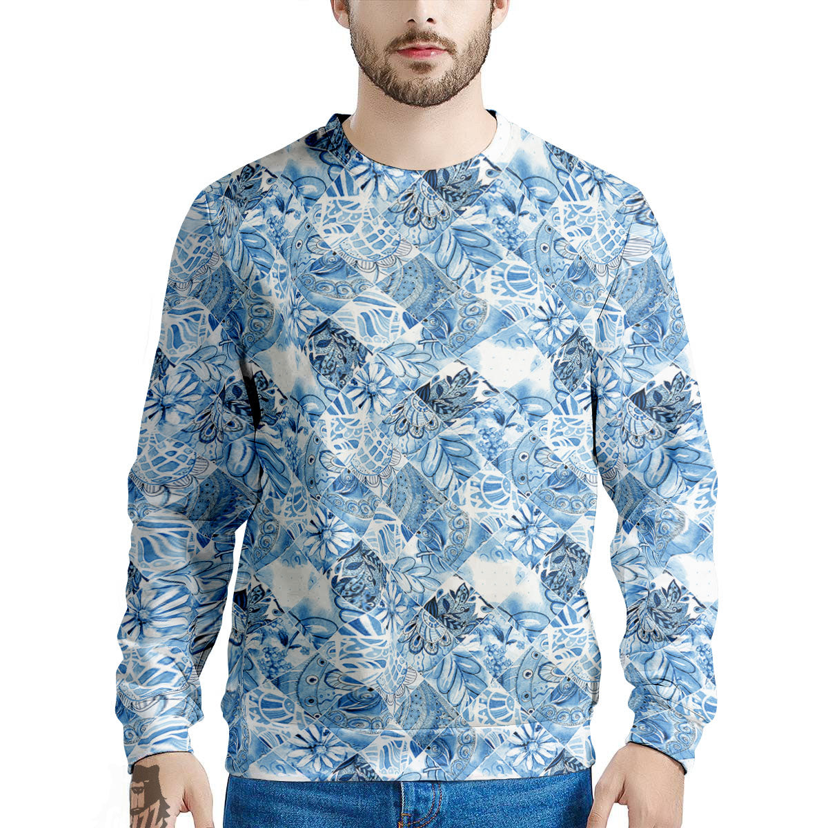 Patchwork Blue Flower Print Pattern Men's Sweatshirt-grizzshop