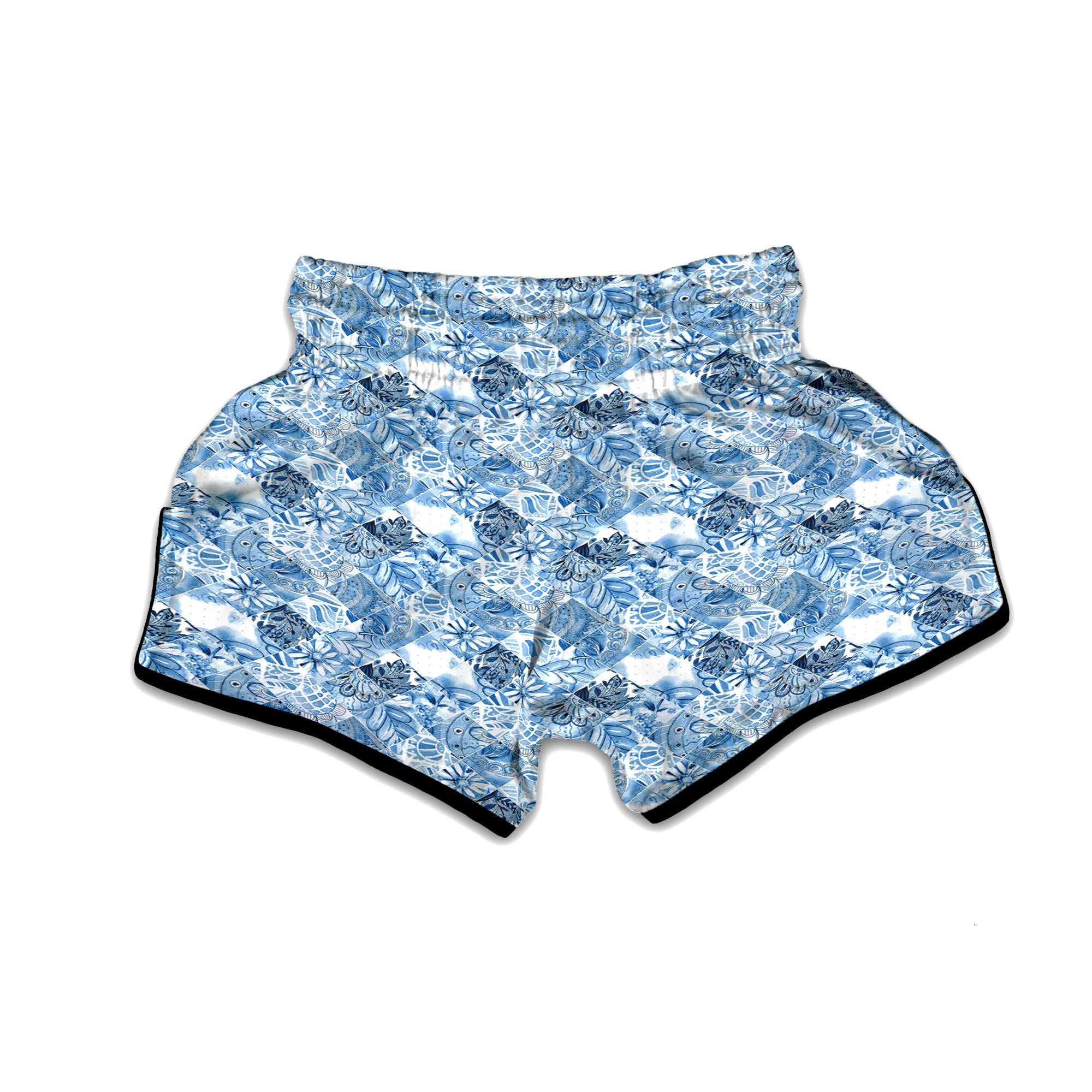 Patchwork Blue Flower Print Pattern Muay Thai Boxing Shorts-grizzshop