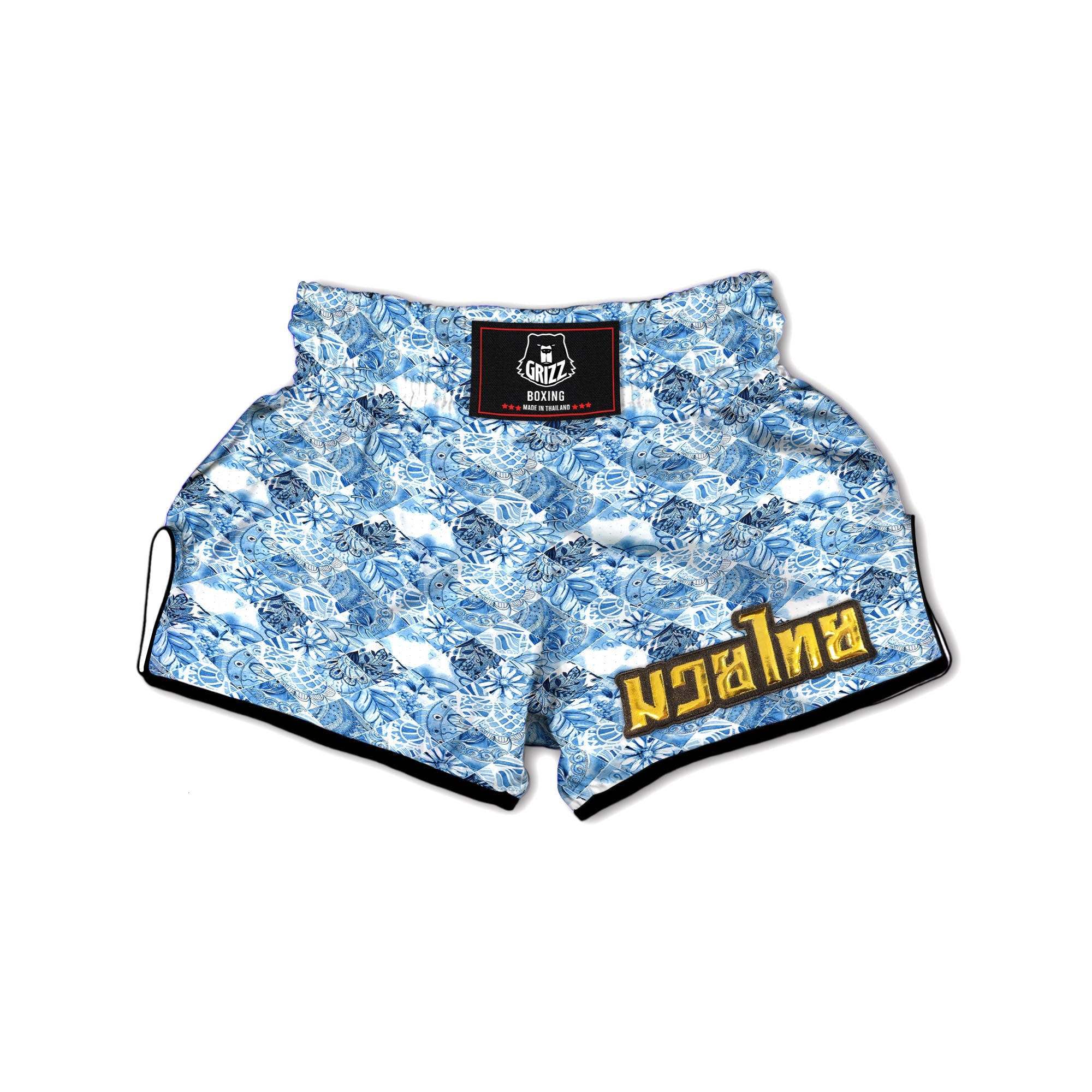 Patchwork Blue Flower Print Pattern Muay Thai Boxing Shorts-grizzshop