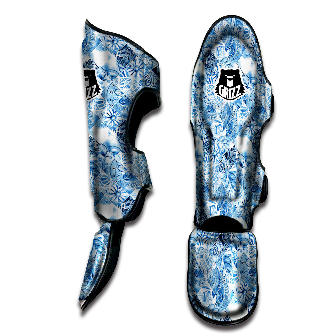 Patchwork Blue Flower Print Pattern Muay Thai Shin Guards-grizzshop