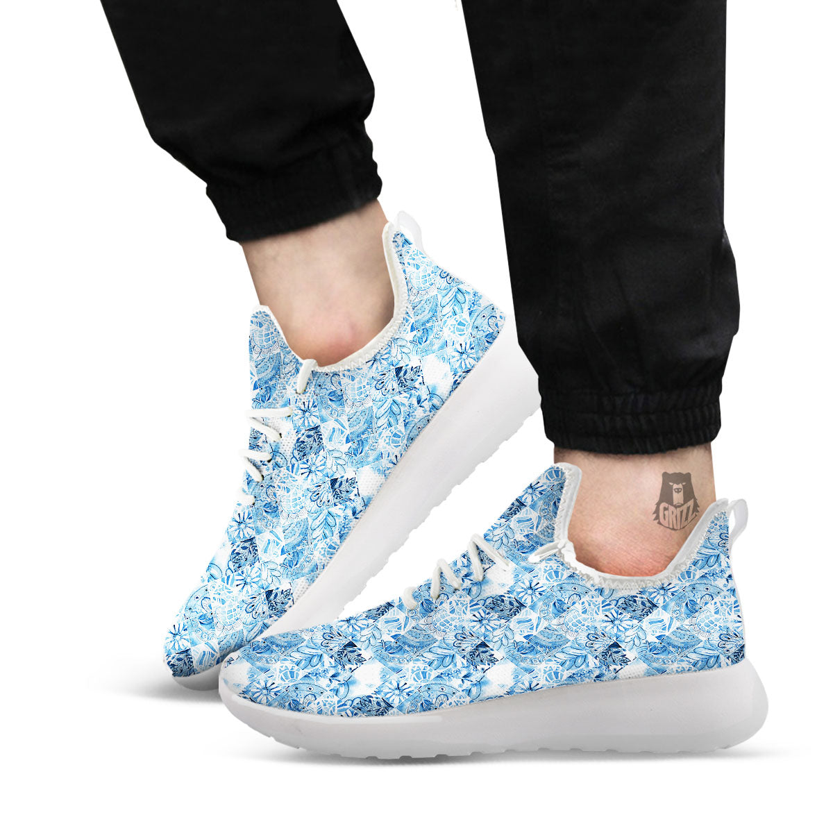 Patchwork Blue Flower Print Pattern White Athletic Shoes-grizzshop