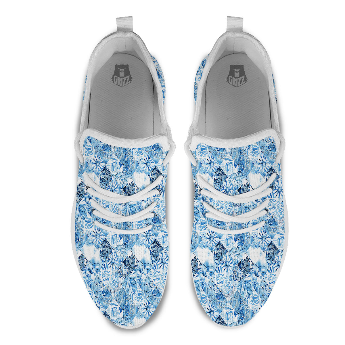 Patchwork Blue Flower Print Pattern White Athletic Shoes-grizzshop