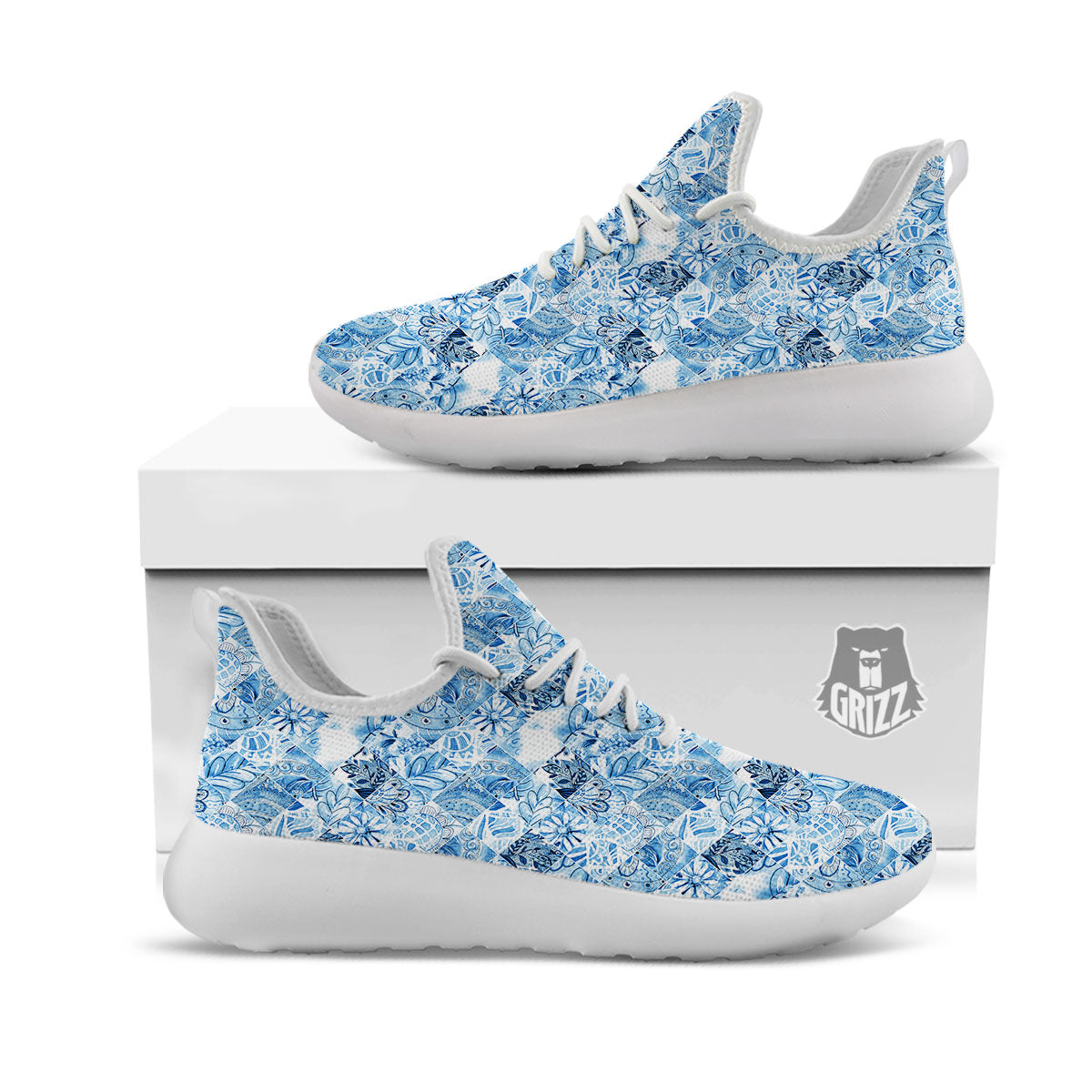Patchwork Blue Flower Print Pattern White Athletic Shoes-grizzshop
