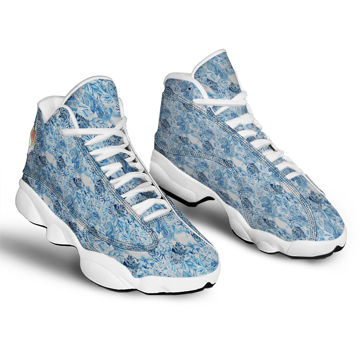 Patchwork Blue Flower Print Pattern White Basketball Shoes-grizzshop