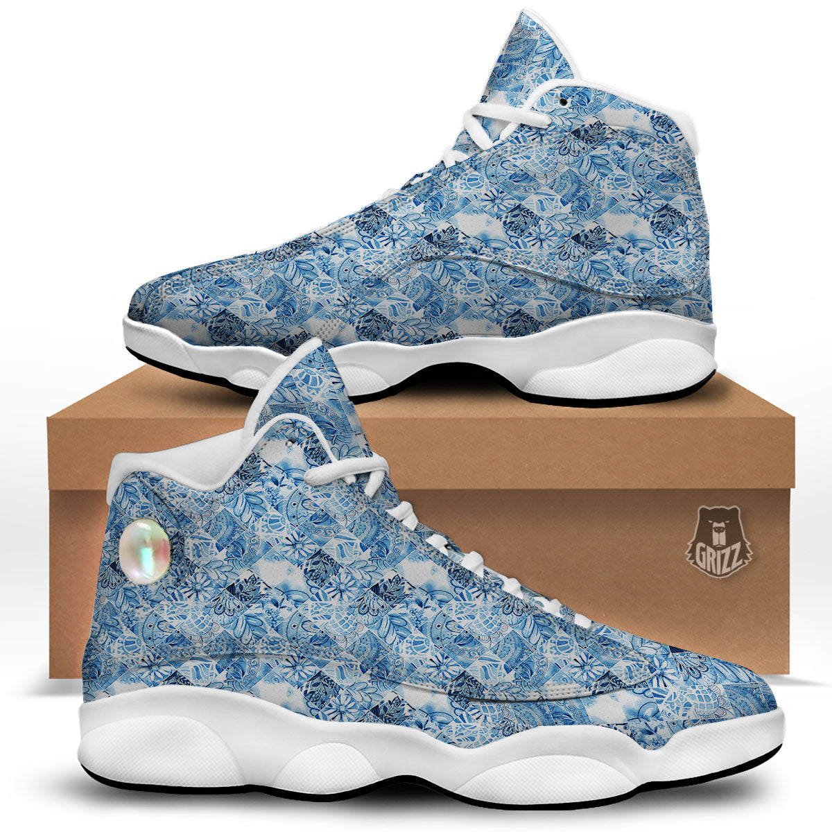 Patchwork Blue Flower Print Pattern White Basketball Shoes-grizzshop