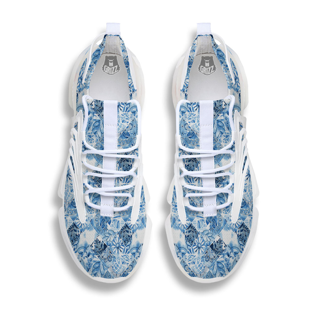 Patchwork Blue Flower Print Pattern White Gym Shoes-grizzshop