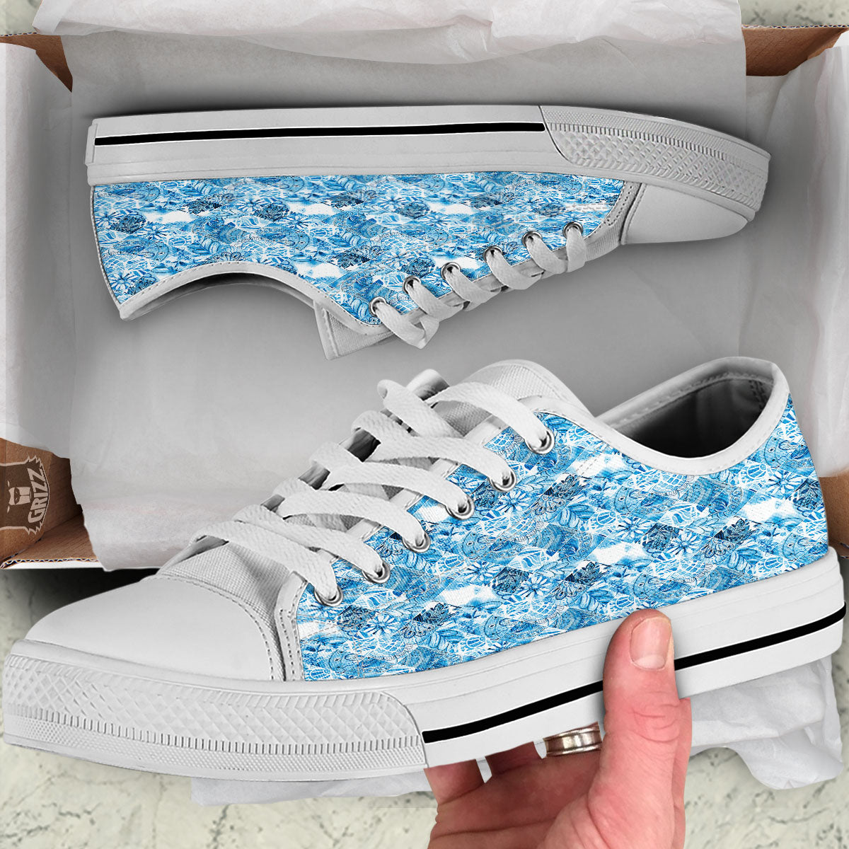 Patchwork Blue Flower Print Pattern White Low Top Shoes-grizzshop