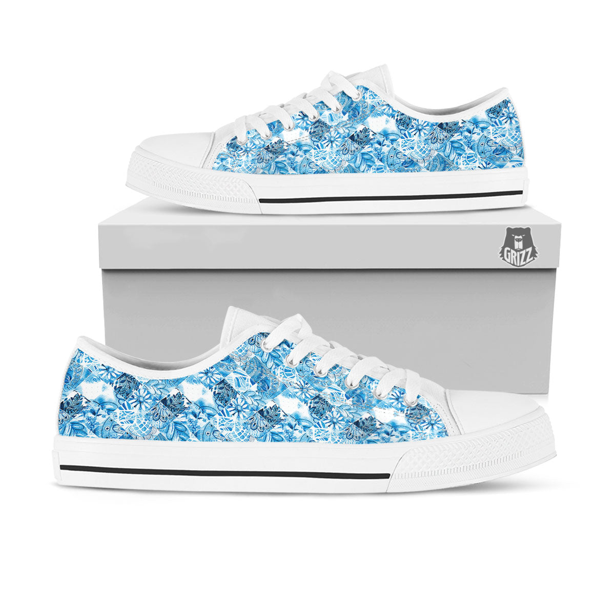 Patchwork Blue Flower Print Pattern White Low Top Shoes-grizzshop