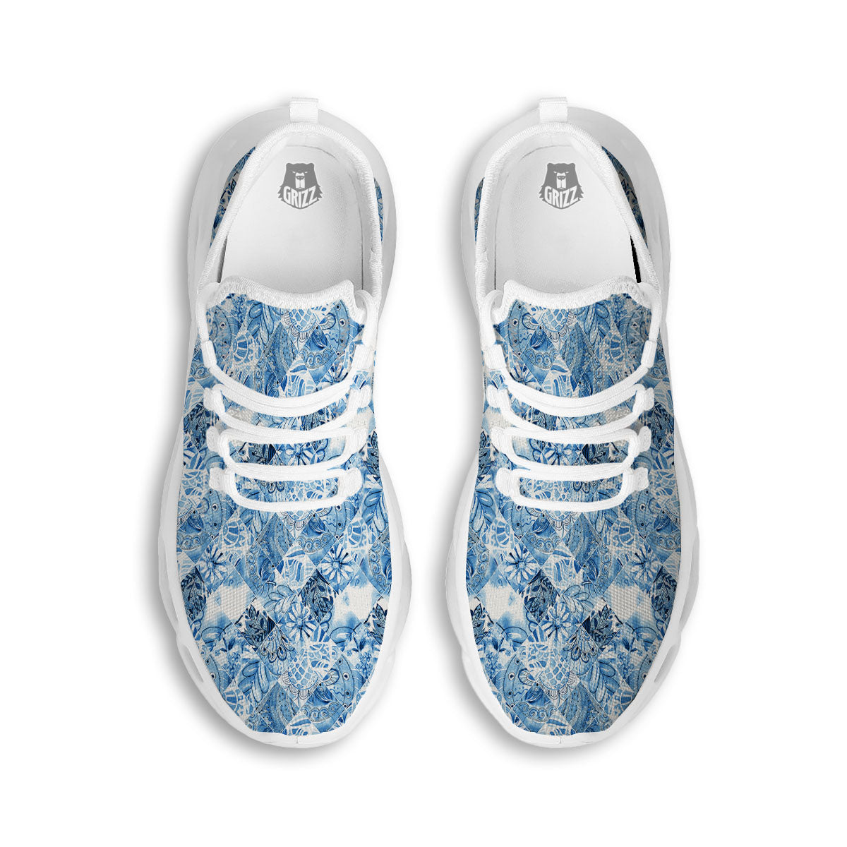 Patchwork Blue Flower Print Pattern White Running Shoes-grizzshop