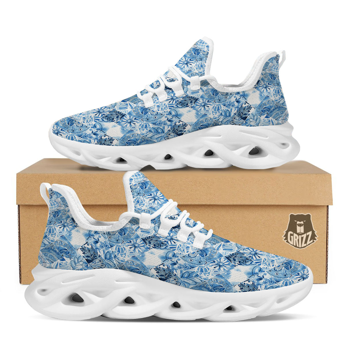 Patchwork Blue Flower Print Pattern White Running Shoes-grizzshop