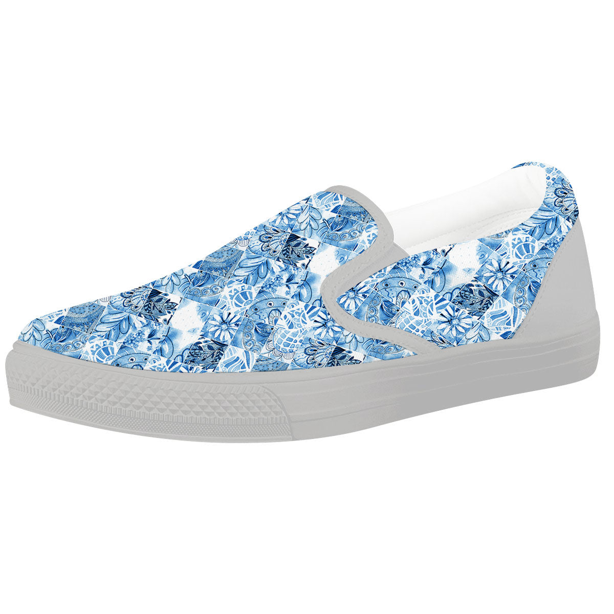 Patchwork Blue Flower Print Pattern White Slip On Shoes-grizzshop