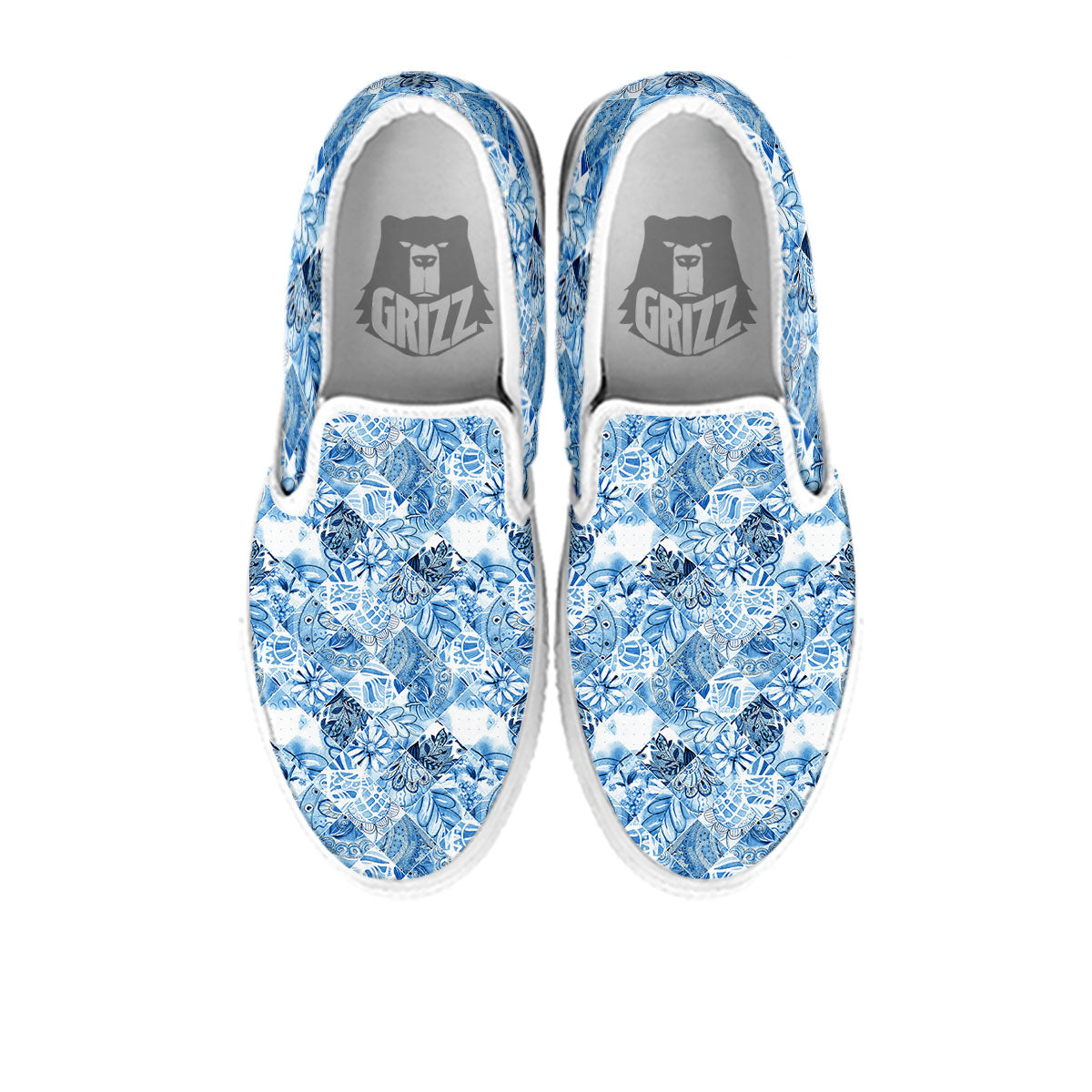 Patchwork Blue Flower Print Pattern White Slip On Shoes-grizzshop