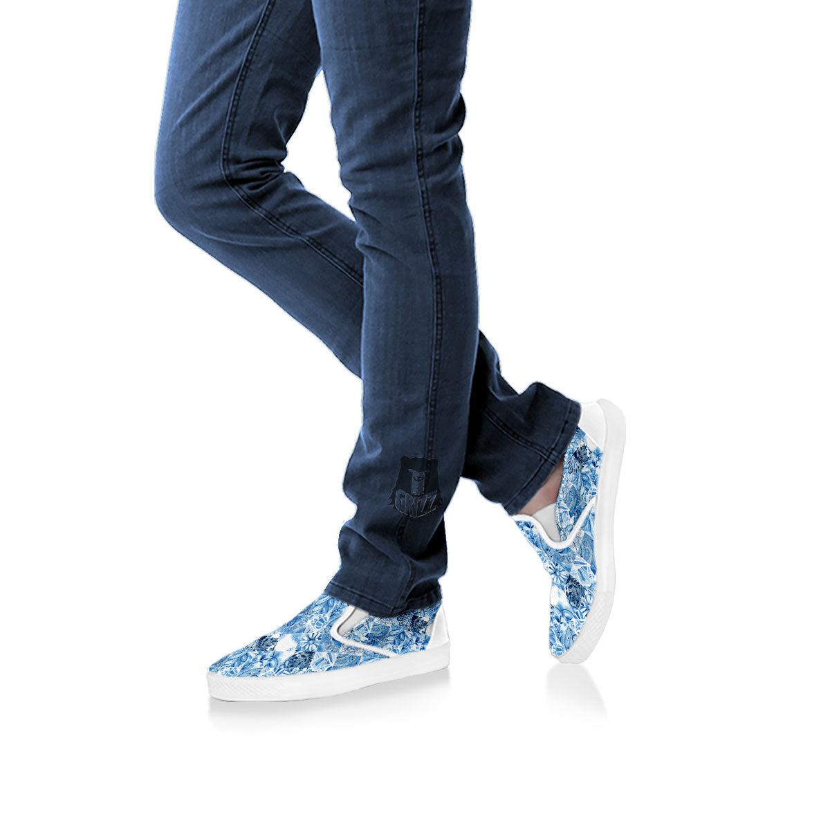 Patchwork Blue Flower Print Pattern White Slip On Shoes-grizzshop