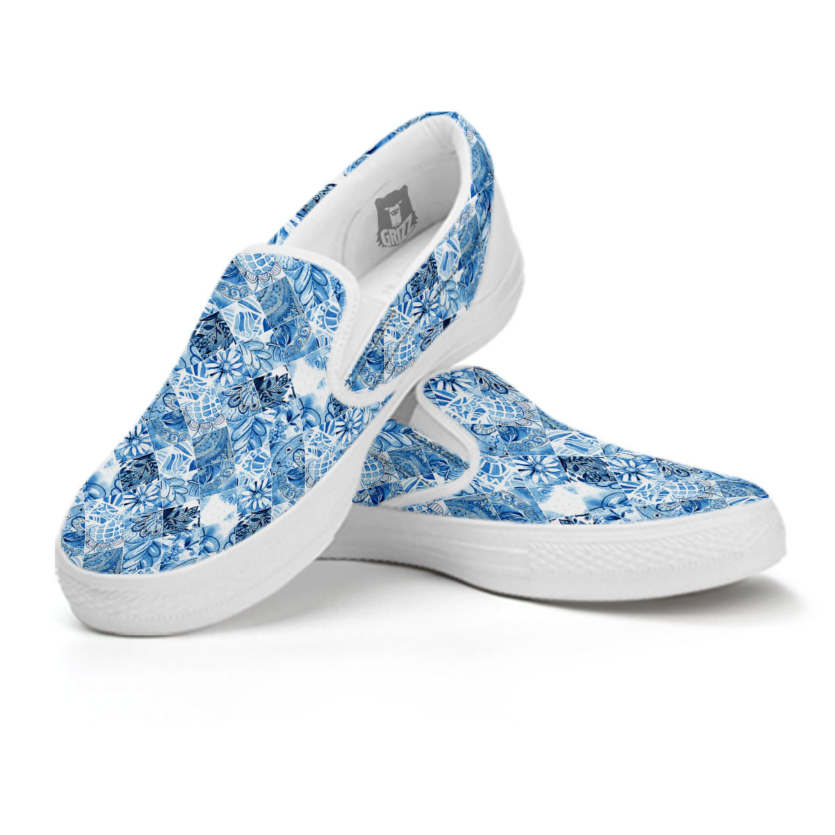 Patchwork Blue Flower Print Pattern White Slip On Shoes-grizzshop