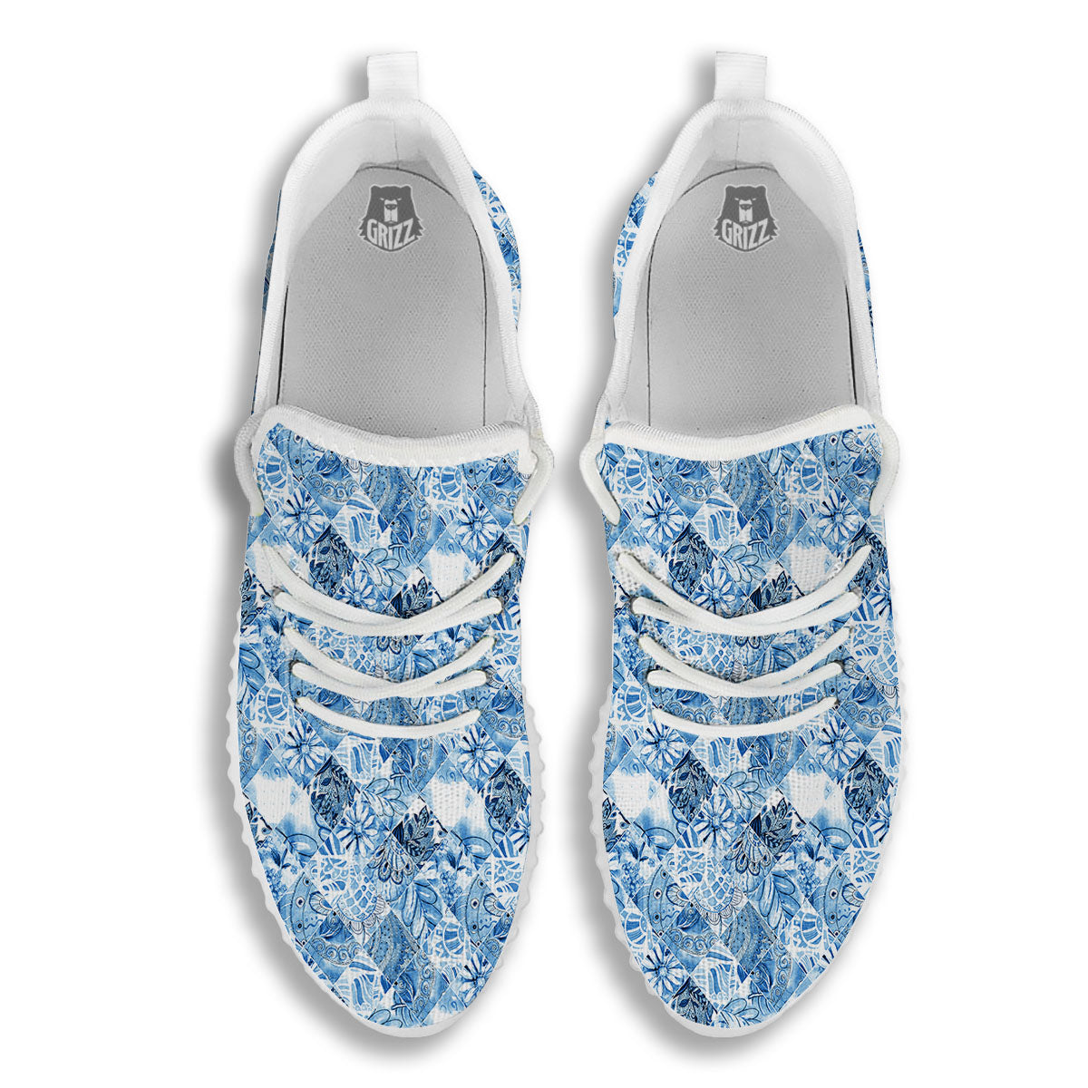 Patchwork Blue Flower Print Pattern White Walking Shoes-grizzshop