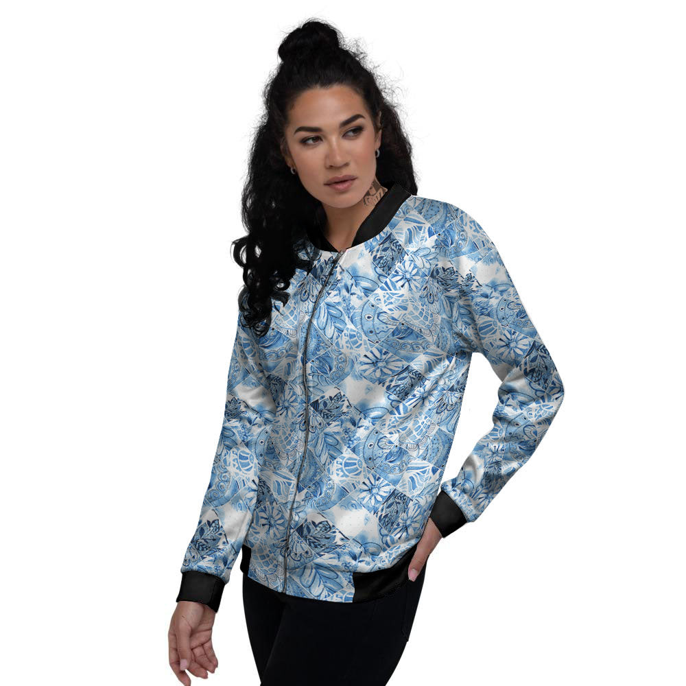 Patchwork Blue Flower Print Pattern Women's Bomber Jacket-grizzshop