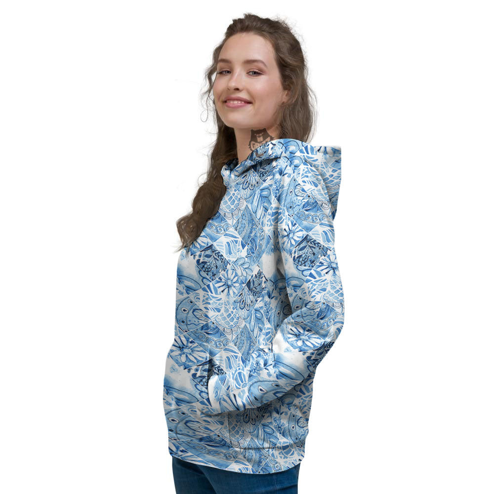 Patchwork Blue Flower Print Pattern Women's Hoodie-grizzshop