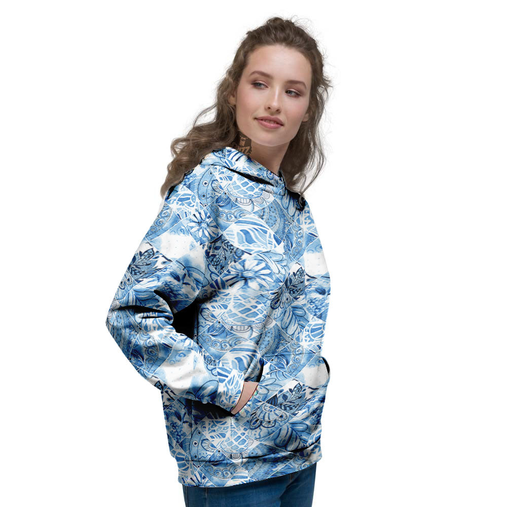 Patchwork Blue Flower Print Pattern Women's Hoodie-grizzshop