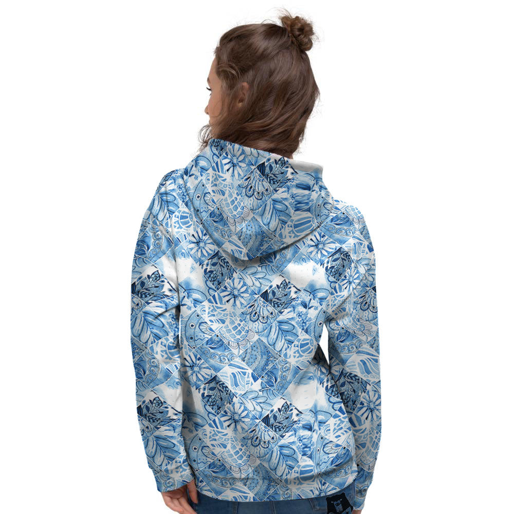 Patchwork Blue Flower Print Pattern Women's Hoodie-grizzshop