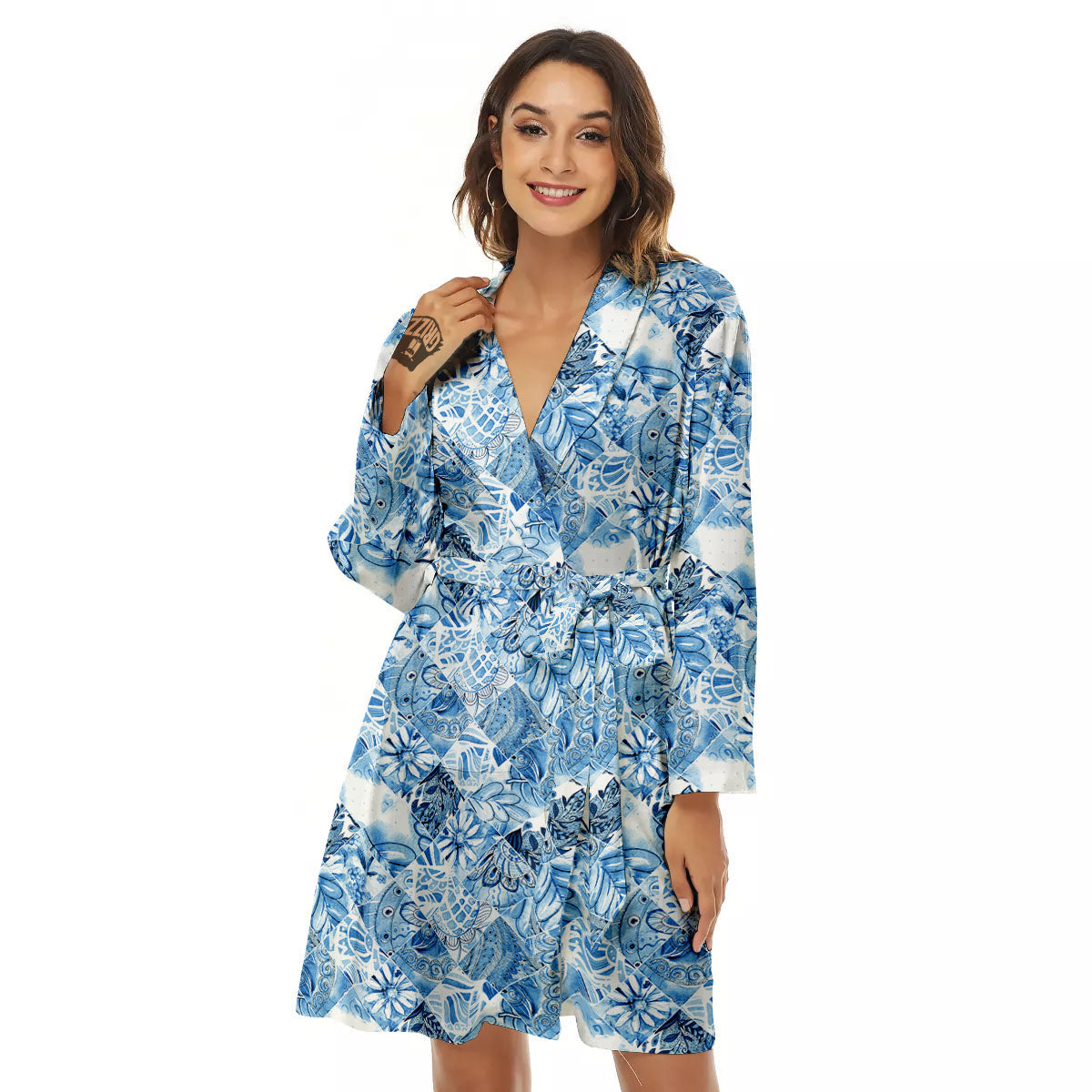 Patchwork Blue Flower Print Pattern Women's Robe-grizzshop