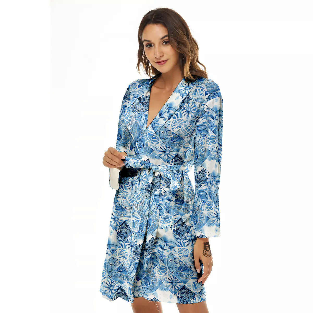 Patchwork Blue Flower Print Pattern Women's Robe-grizzshop