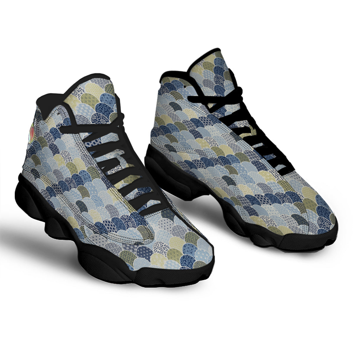 Patchwork Blue Traditional Japanese Print Pattern Black Basketball Shoes-grizzshop