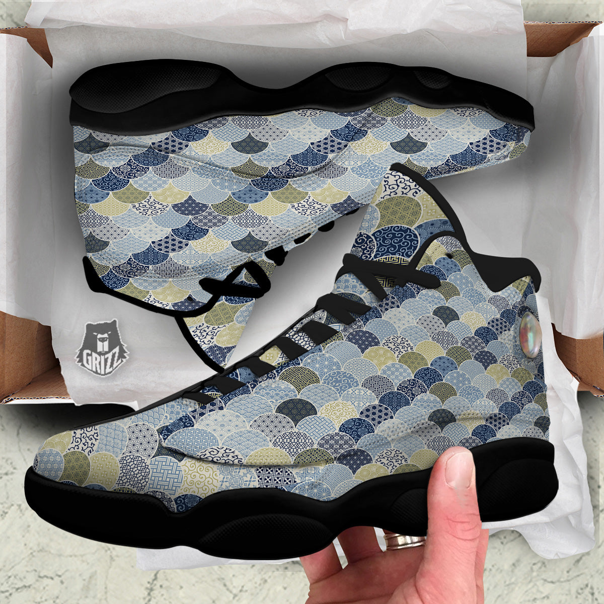 Patchwork Blue Traditional Japanese Print Pattern Black Basketball Shoes-grizzshop