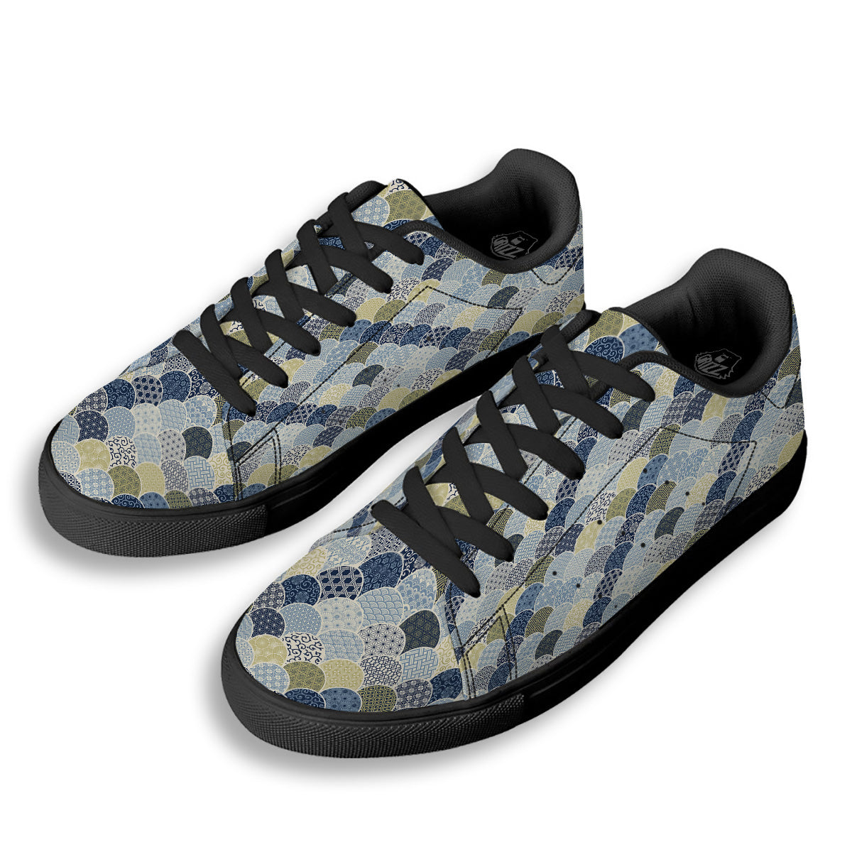 Patchwork Blue Traditional Japanese Print Pattern Black Low Top Sneakers-grizzshop