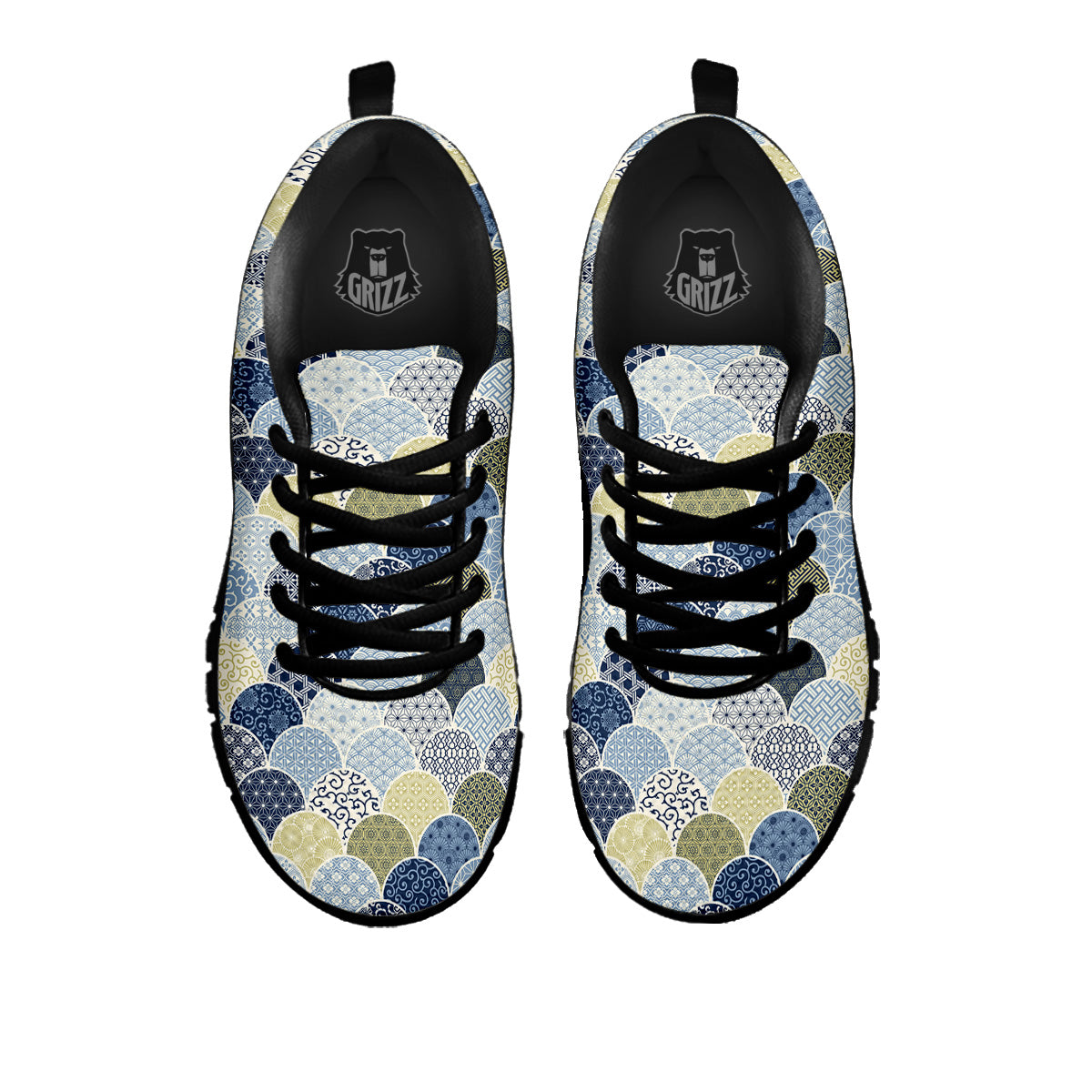 Patchwork Blue Traditional Japanese Print Pattern Black Sneaker-grizzshop