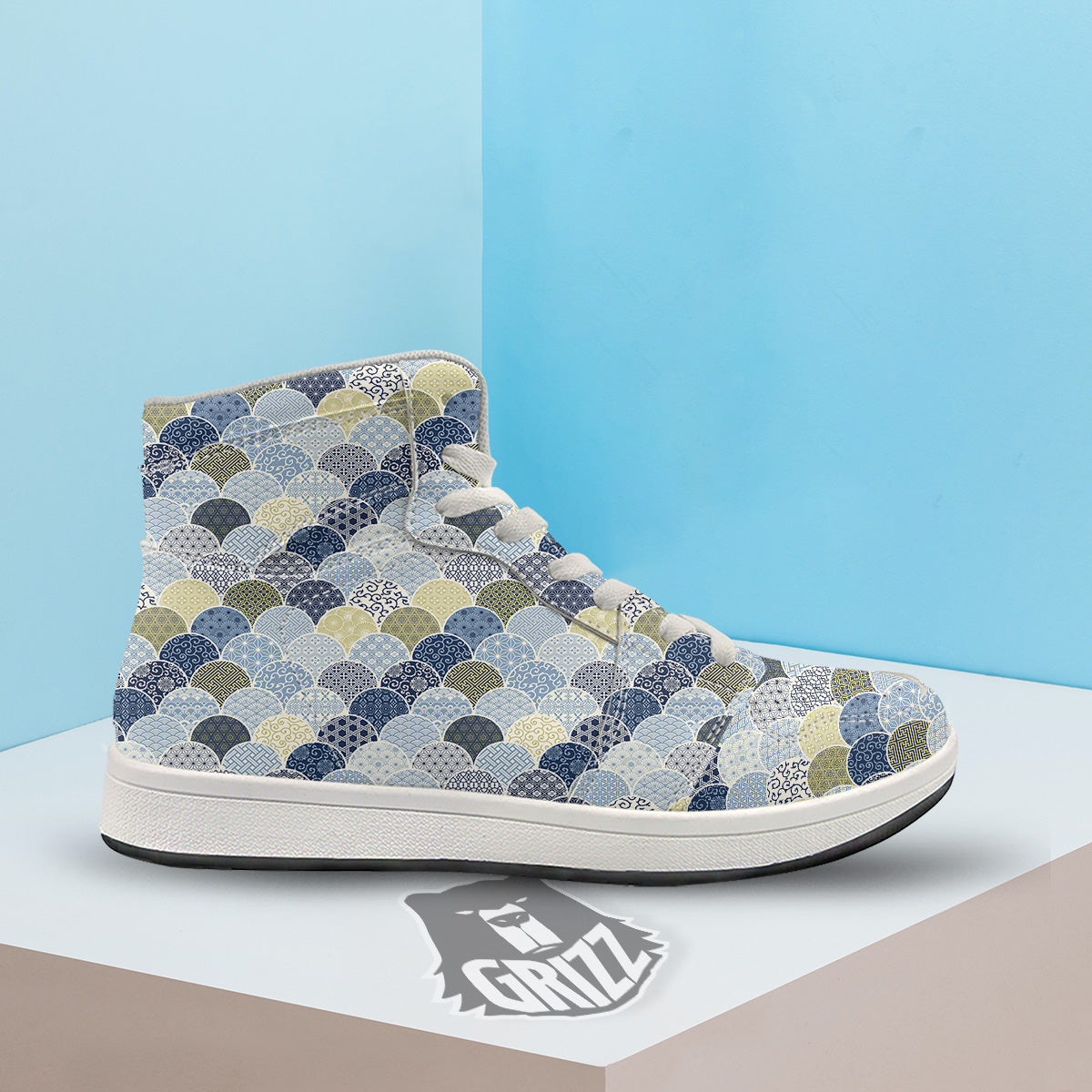 Patchwork Blue Traditional Japanese Print Pattern High Top Sneakers-grizzshop