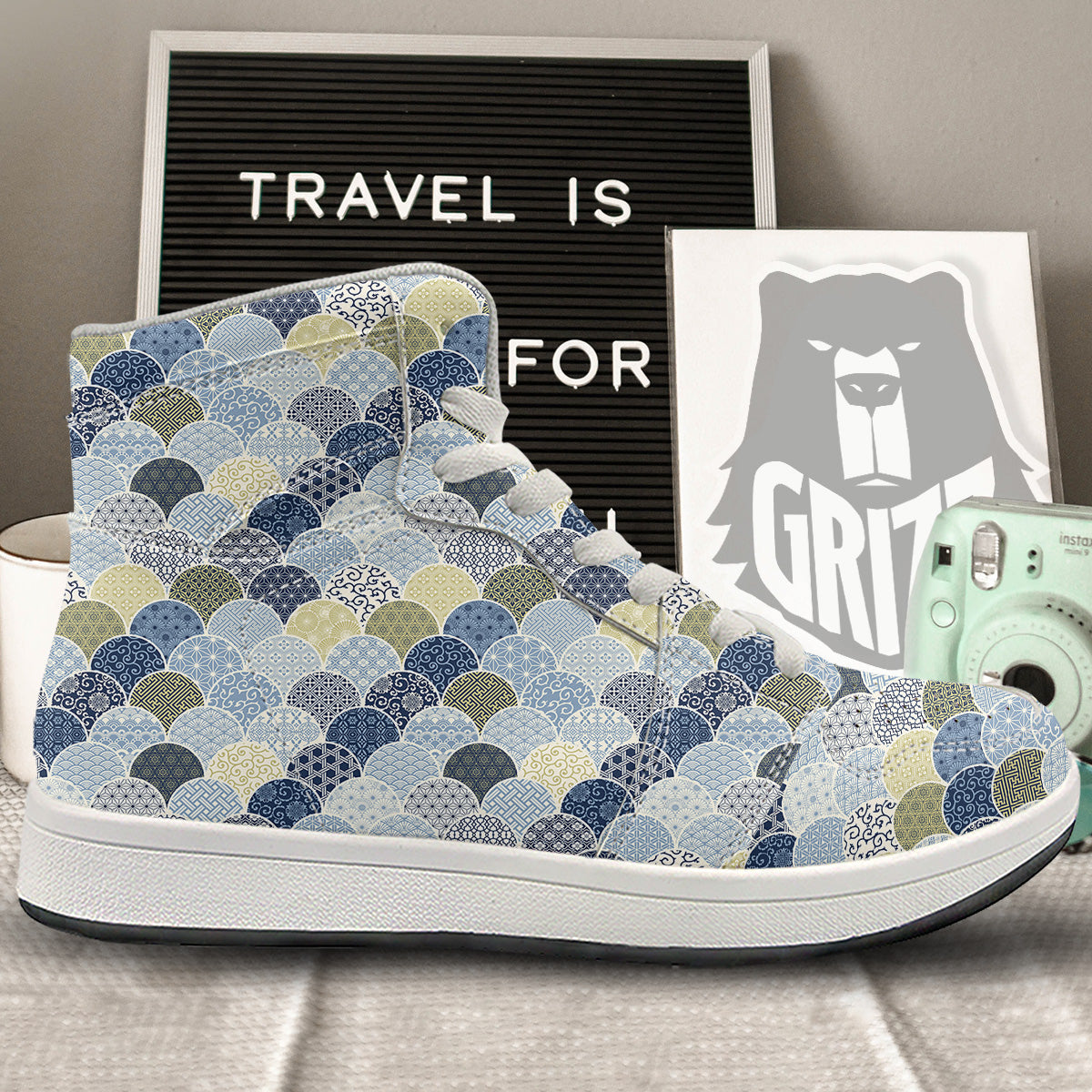 Patchwork Blue Traditional Japanese Print Pattern High Top Sneakers-grizzshop