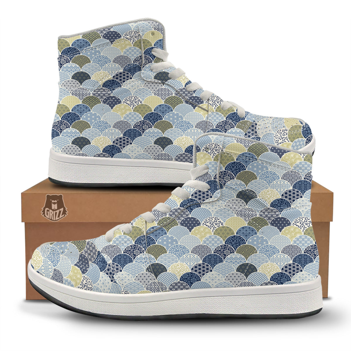 Patchwork Blue Traditional Japanese Print Pattern High Top Sneakers-grizzshop