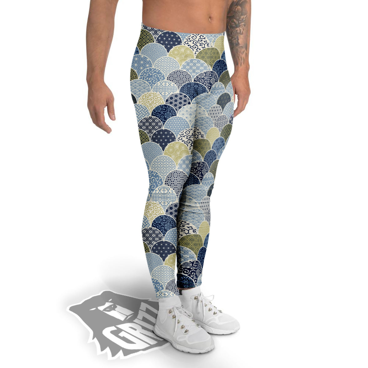 Patchwork Blue Traditional Japanese Print Pattern Men's Leggings-grizzshop