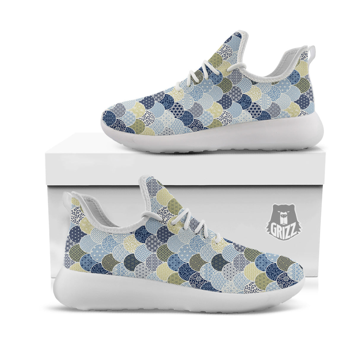 Patchwork Blue Traditional Japanese Print Pattern White Athletic Shoes-grizzshop