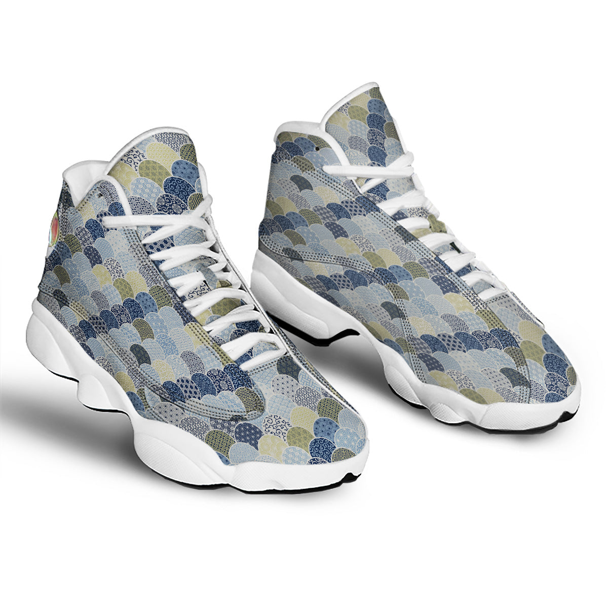 Patchwork Blue Traditional Japanese Print Pattern White Basketball Shoes-grizzshop