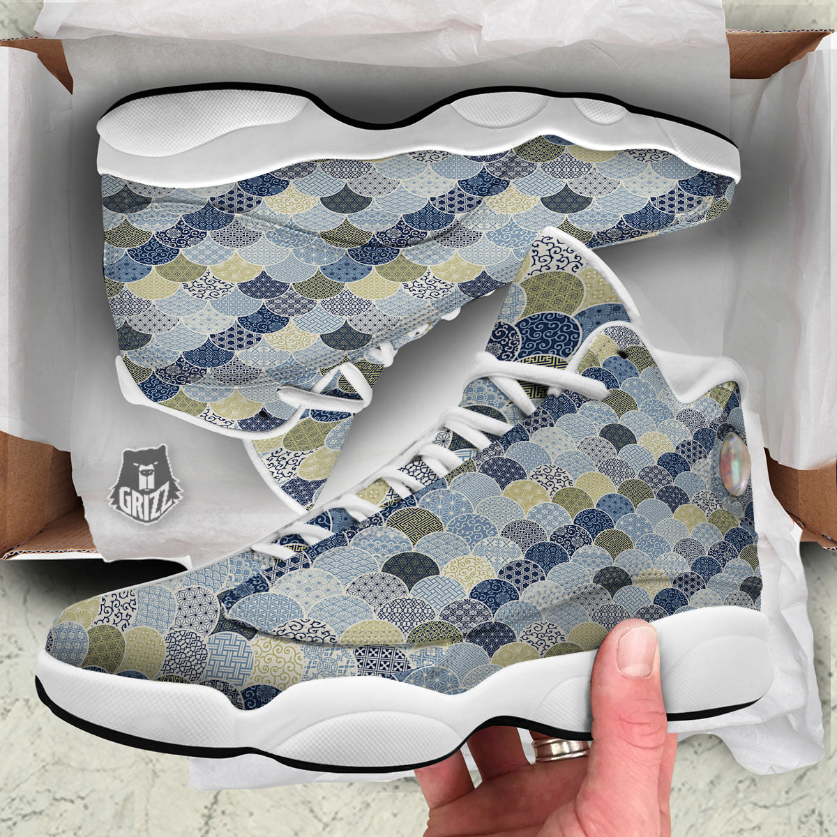 Patchwork Blue Traditional Japanese Print Pattern White Basketball Shoes-grizzshop