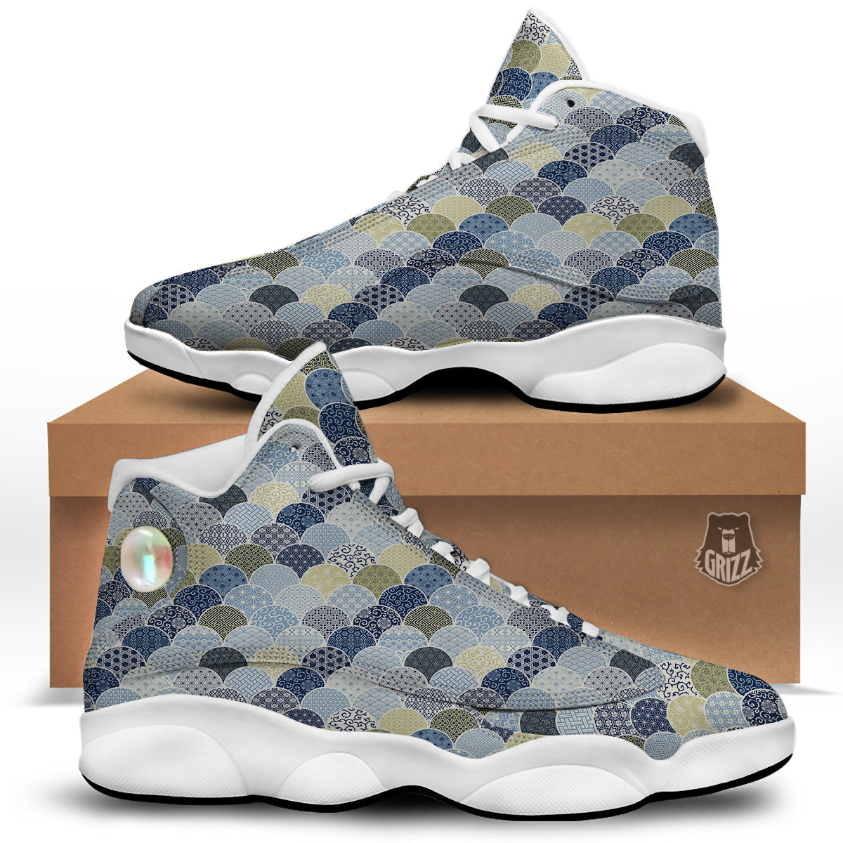 Patchwork Blue Traditional Japanese Print Pattern White Basketball Shoes-grizzshop