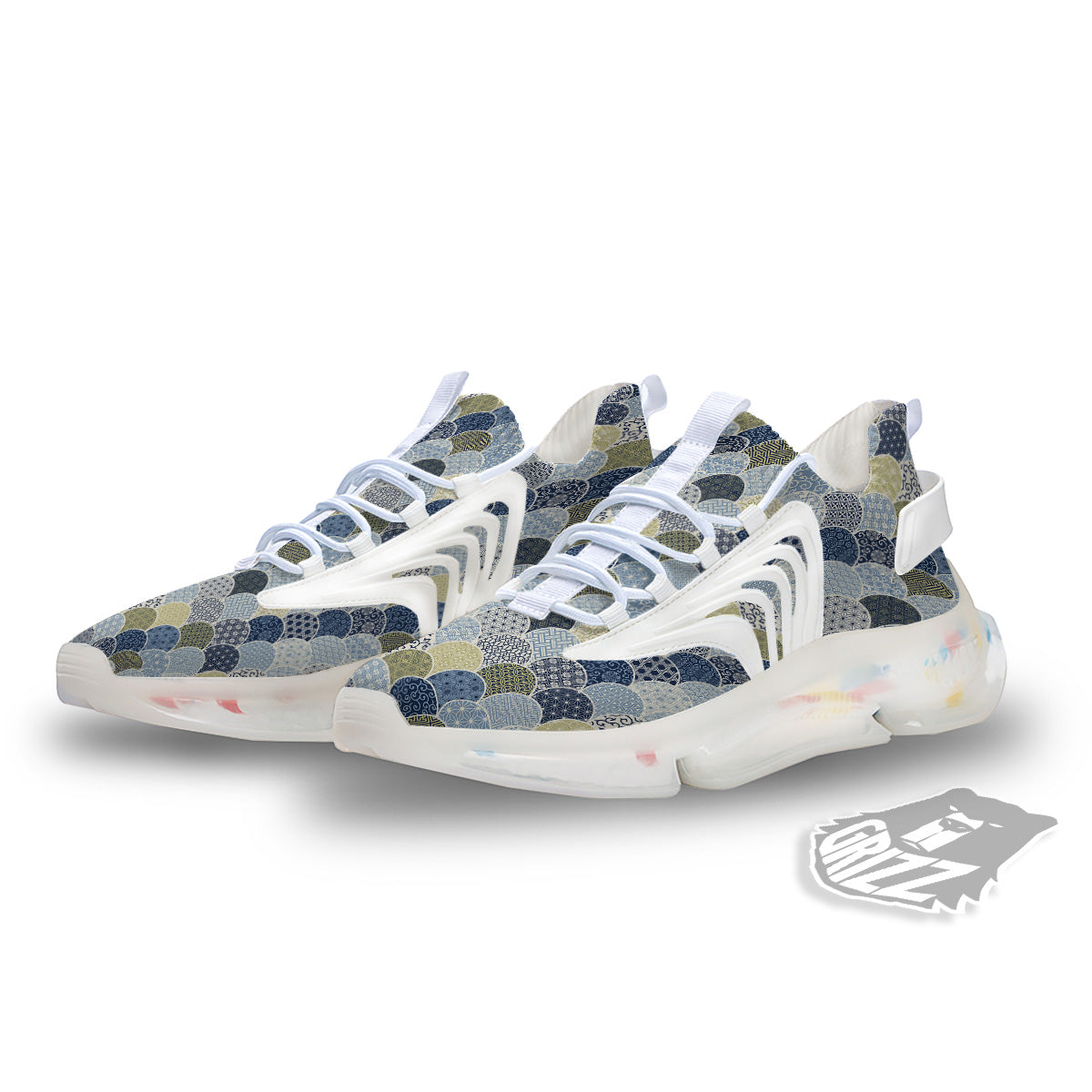 Patchwork Blue Traditional Japanese Print Pattern White Gym Shoes-grizzshop
