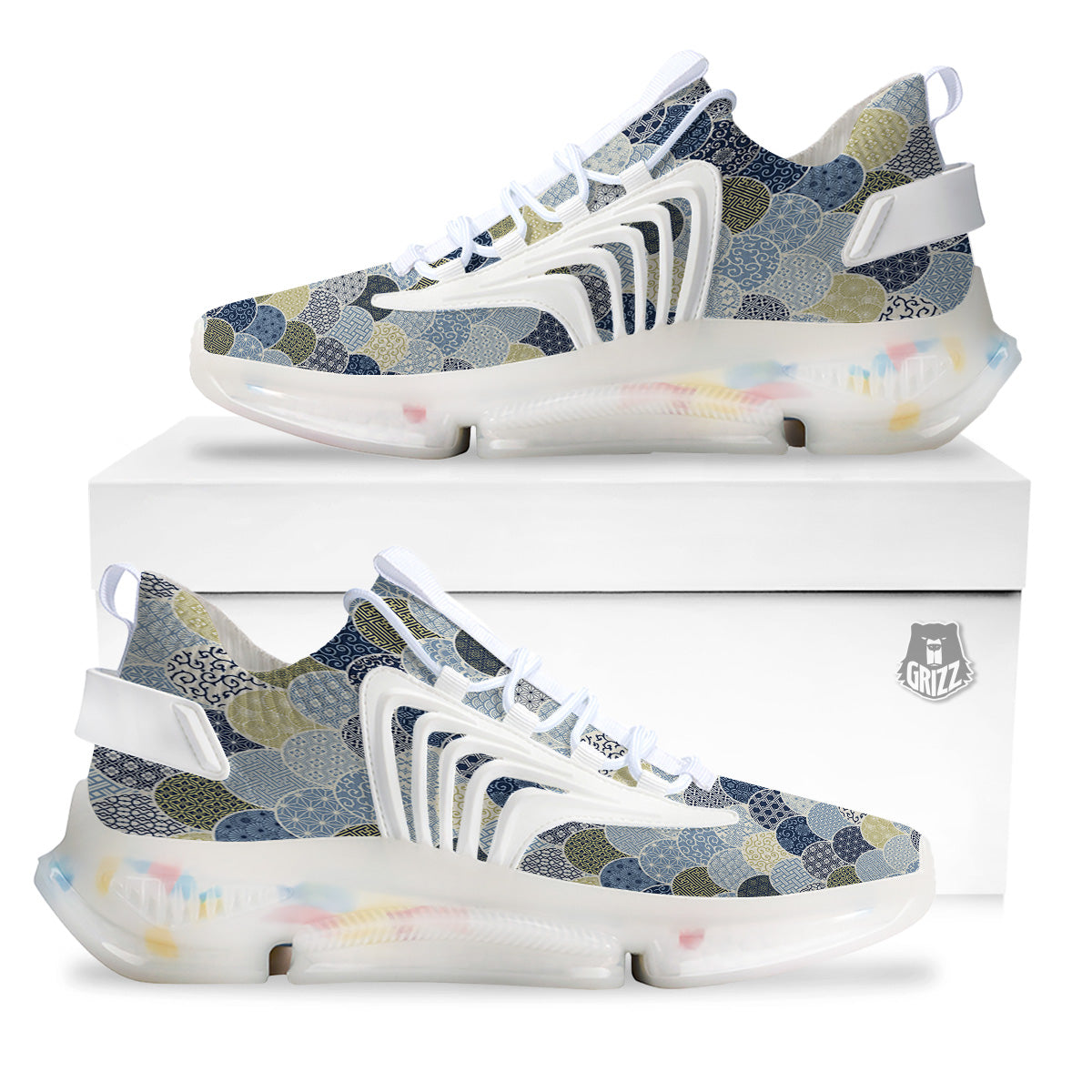 Patchwork Blue Traditional Japanese Print Pattern White Gym Shoes-grizzshop