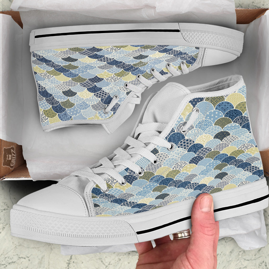 Patchwork Blue Traditional Japanese Print Pattern White High Top Shoes-grizzshop