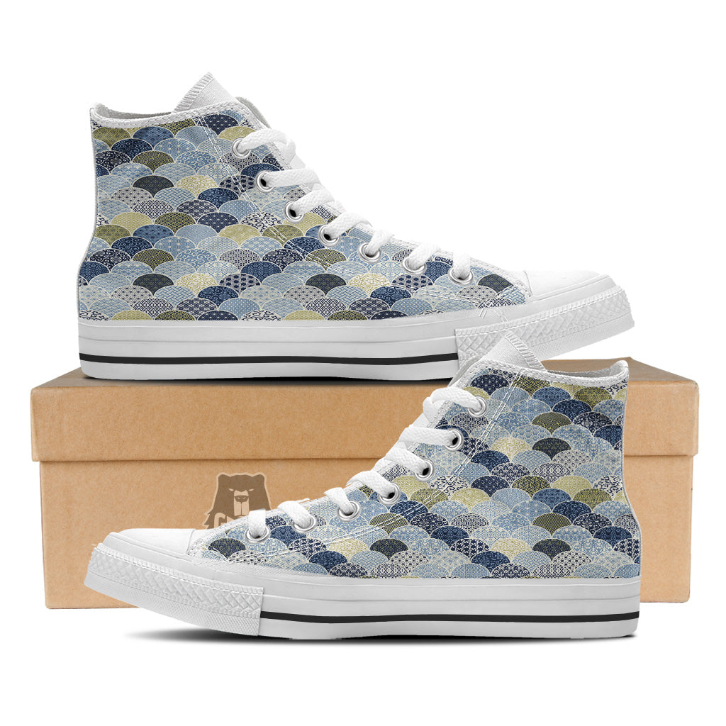Patchwork Blue Traditional Japanese Print Pattern White High Top Shoes-grizzshop