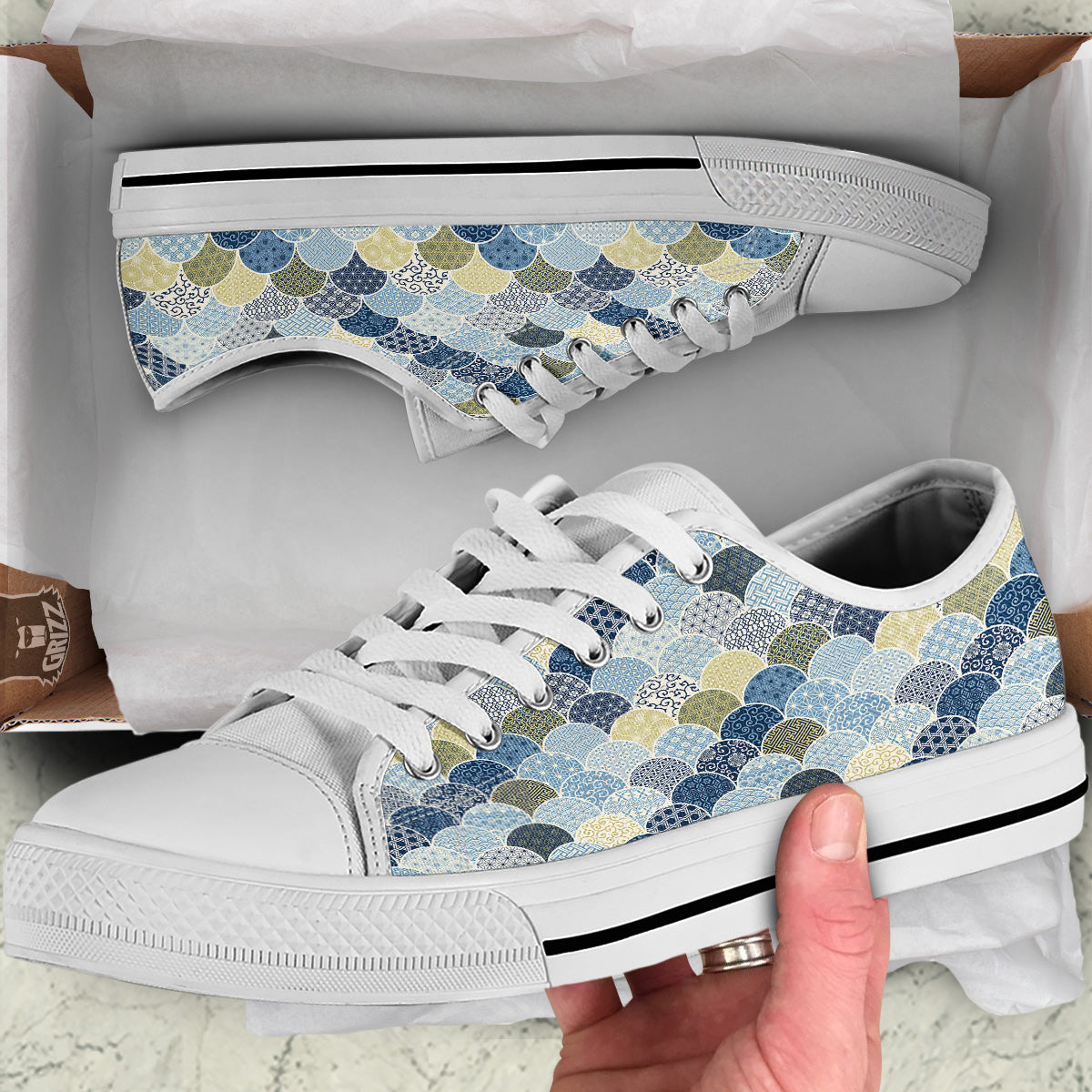 Patchwork Blue Traditional Japanese Print Pattern White Low Top Shoes-grizzshop