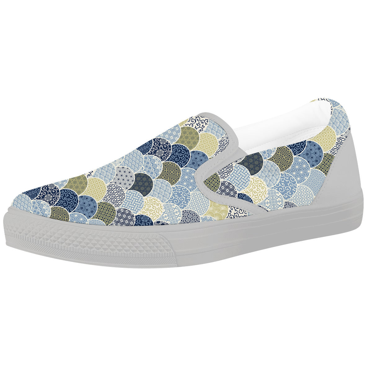 Patchwork Blue Traditional Japanese Print Pattern White Slip On Shoes-grizzshop